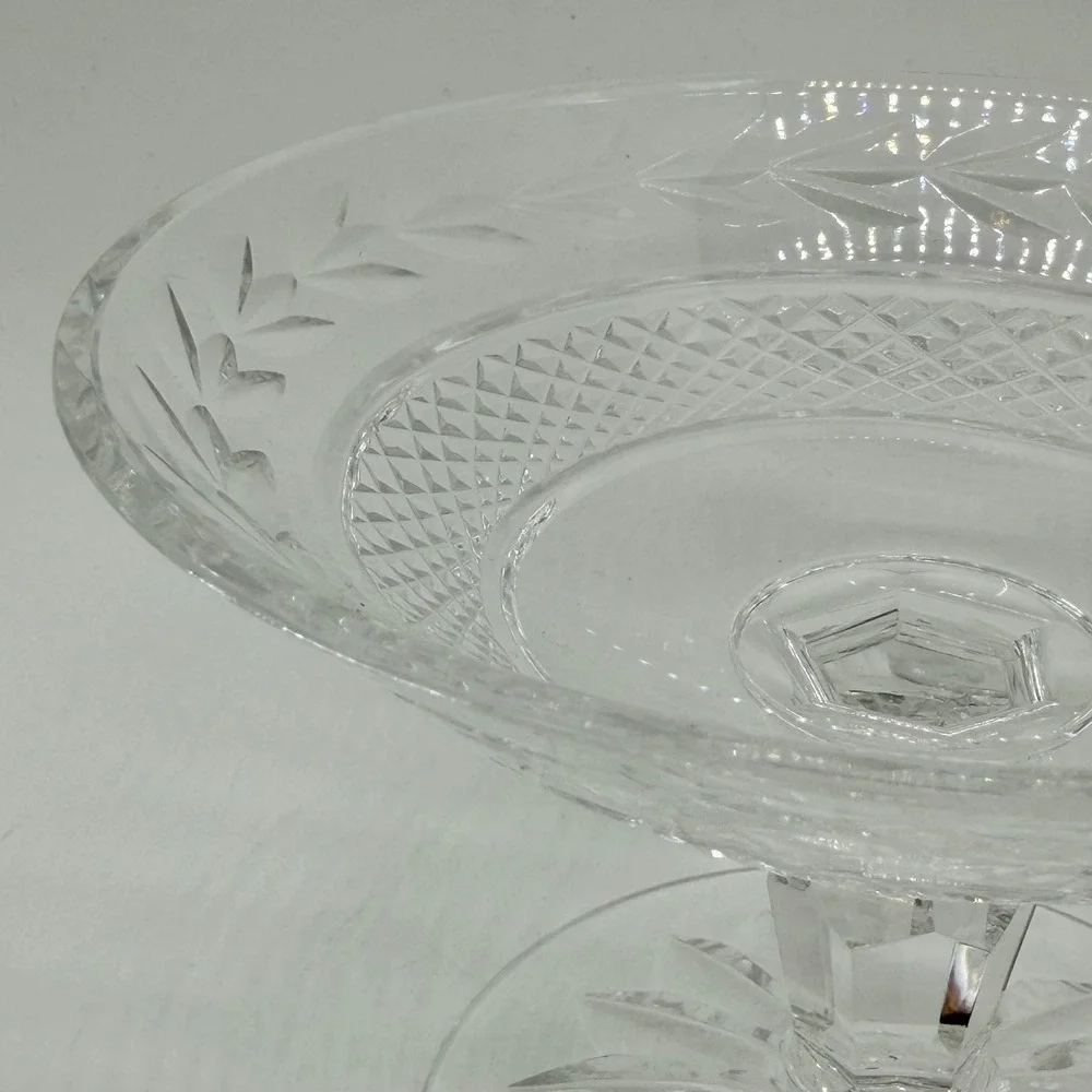 Vintage Cut Glass Pedestal Bowl Footed Candy Dish Laurel Leaf Etched Centerpiece